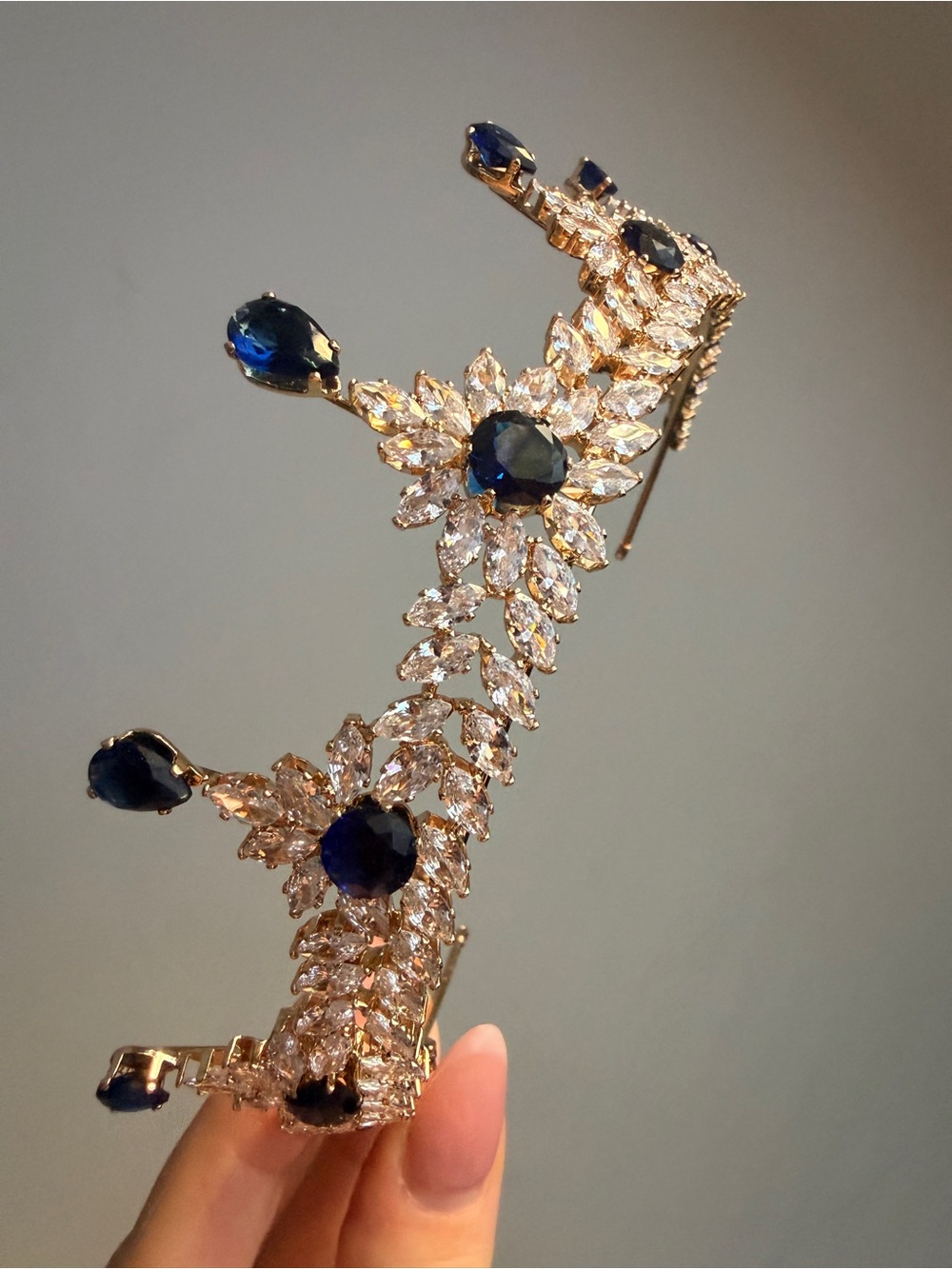 Elegant Gold-Tone Blue Crystal Ear Cuff - Designer-Inspired